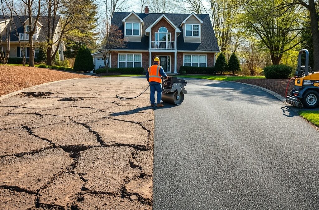 Before and after image of a residential driveway restoration showing cracked asphalt on one side and a newly paved, smooth driveway on the other with a paving crew at work.