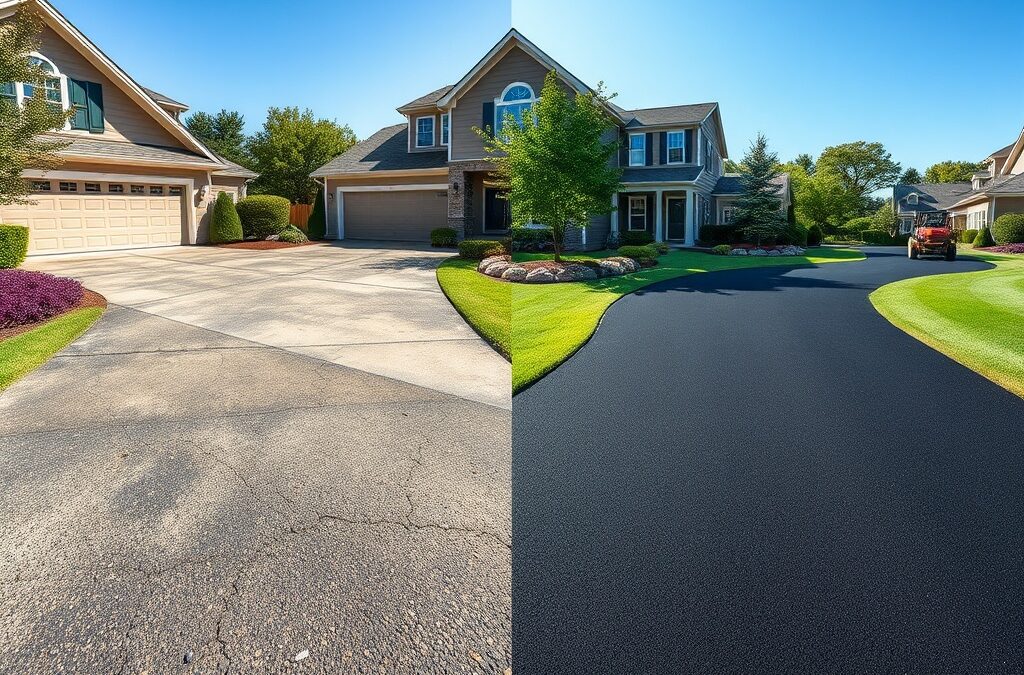 Before and after image of a residential driveway in York, PA showing cracked asphalt on one side and a newly paved, smooth surface on the other, representing a successful home improvement project by R. Stanley’s Paving.
