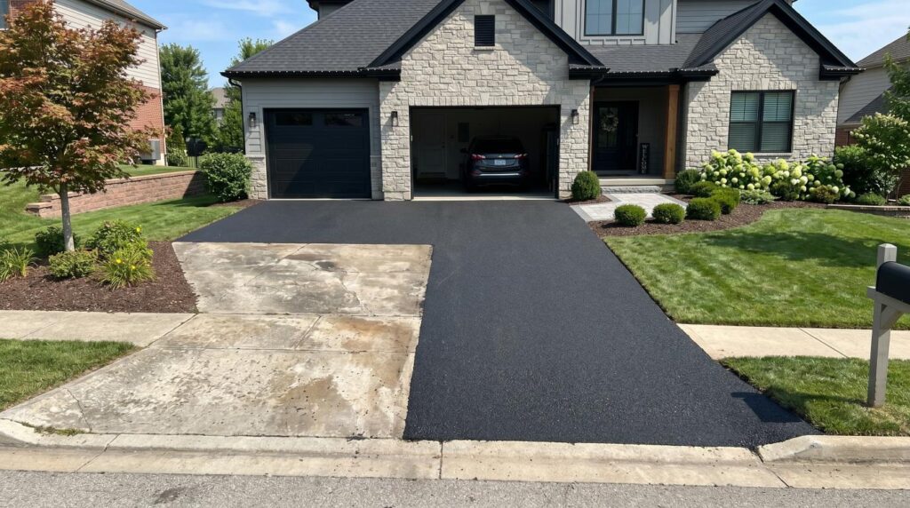 Smooth asphalt overlay installed over old concrete driveway outside a modern home
