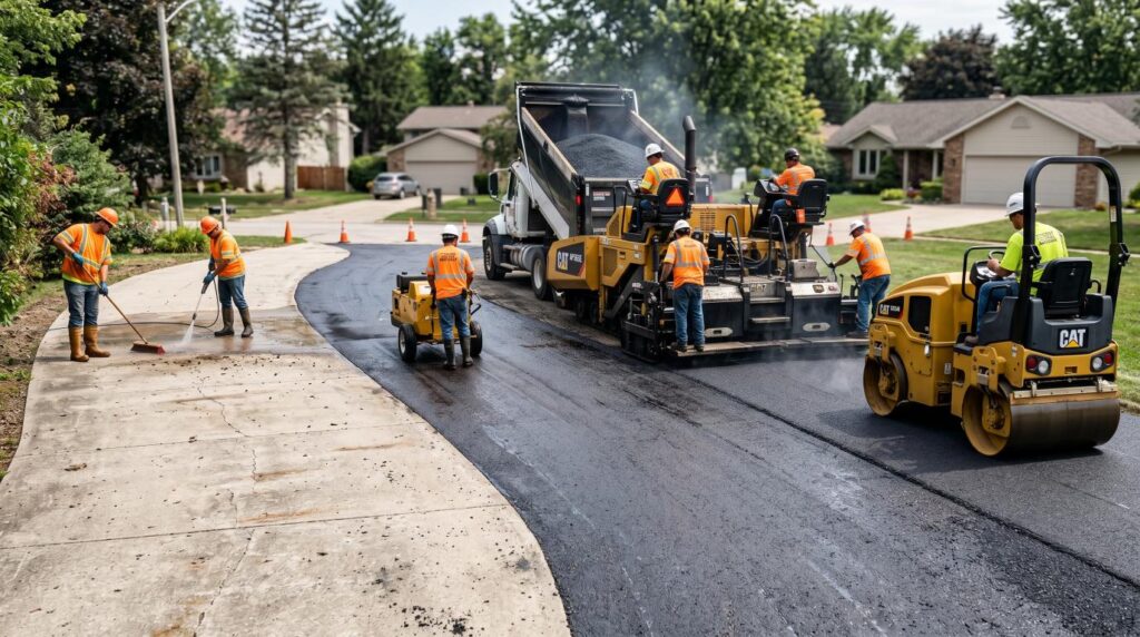 Contractors applying asphalt overlay on top of a prepared concrete surface