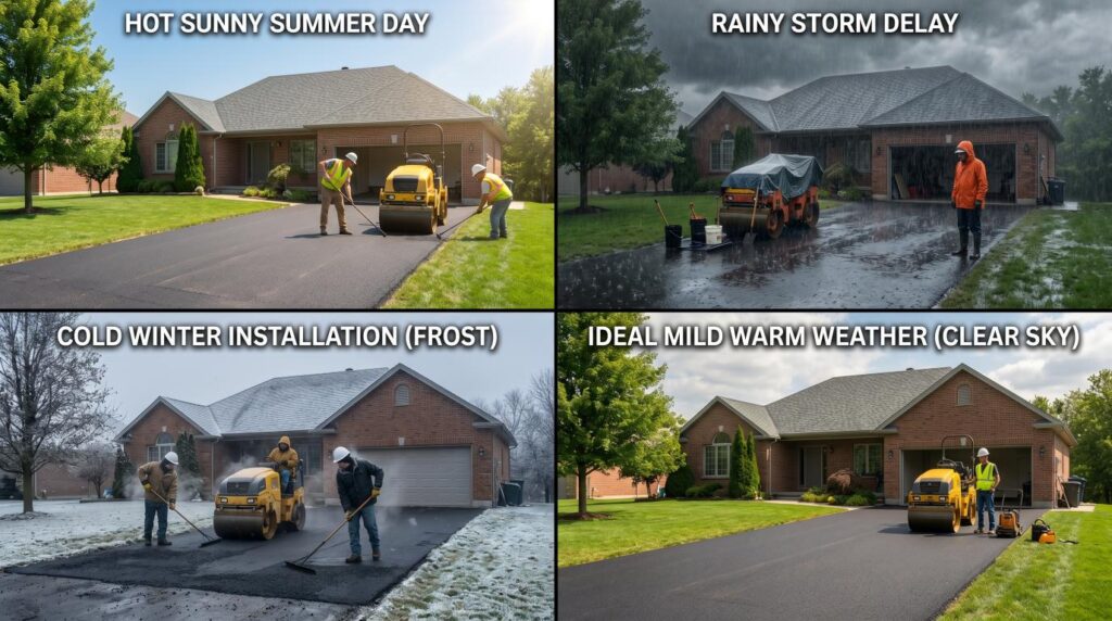 Weather effects on asphalt drying time in different conditions.