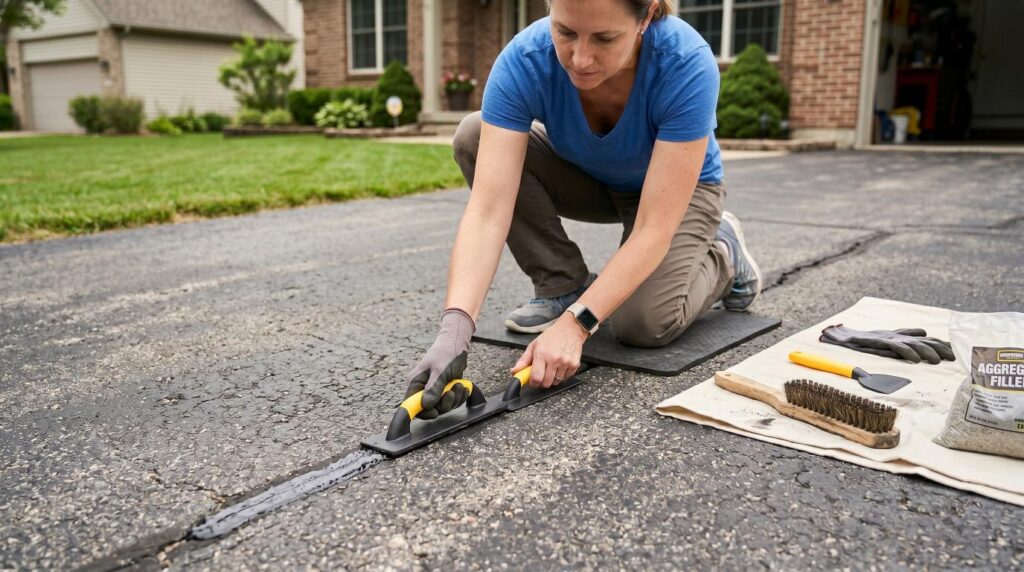 Step-by-step asphalt driveway crack repair using crack filler and hand tools.