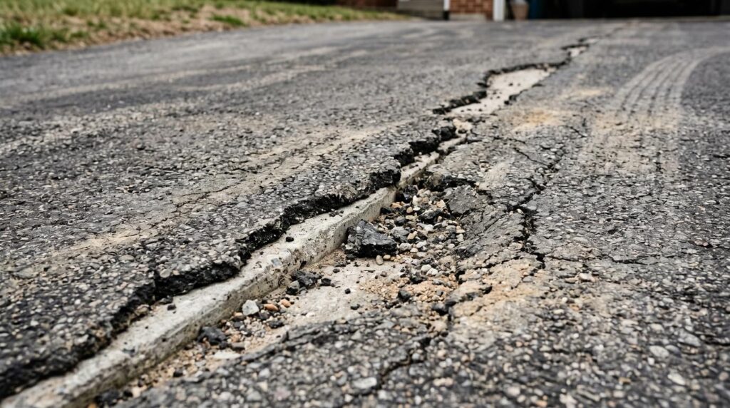 Reflective cracks appearing in asphalt laid over damaged concrete
