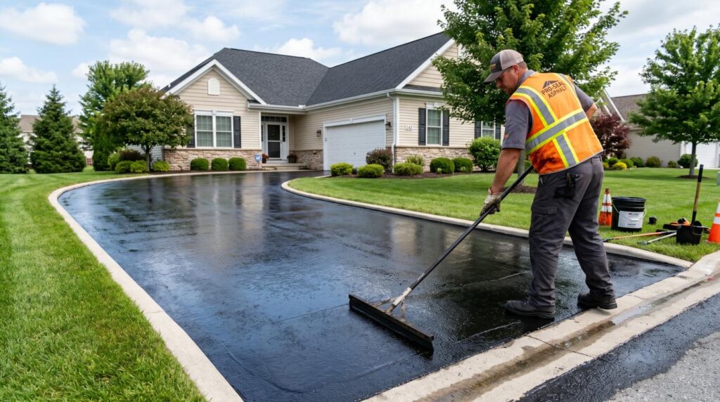 Fresh sealcoat applied over a repaired asphalt driveway for long-term protection.