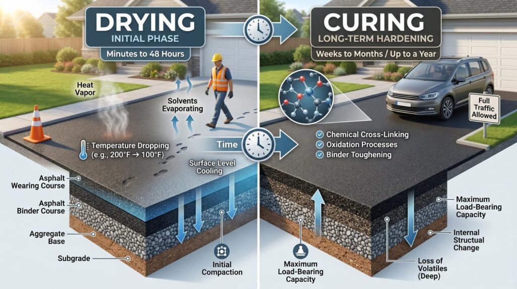 Split view showing asphalt drying vs curing process