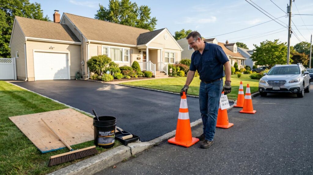 Homeowner protecting fresh asphalt during curing process.