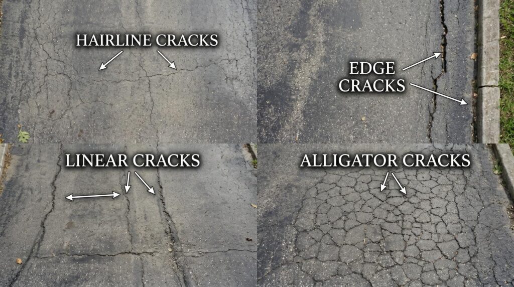 Different types of asphalt driveway cracks including hairline, edge, and alligator cracks.