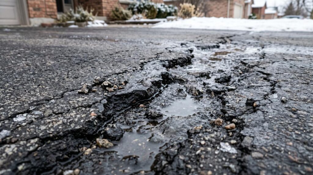 Cracks forming in an asphalt driveway due to water damage and freezing temperatures.