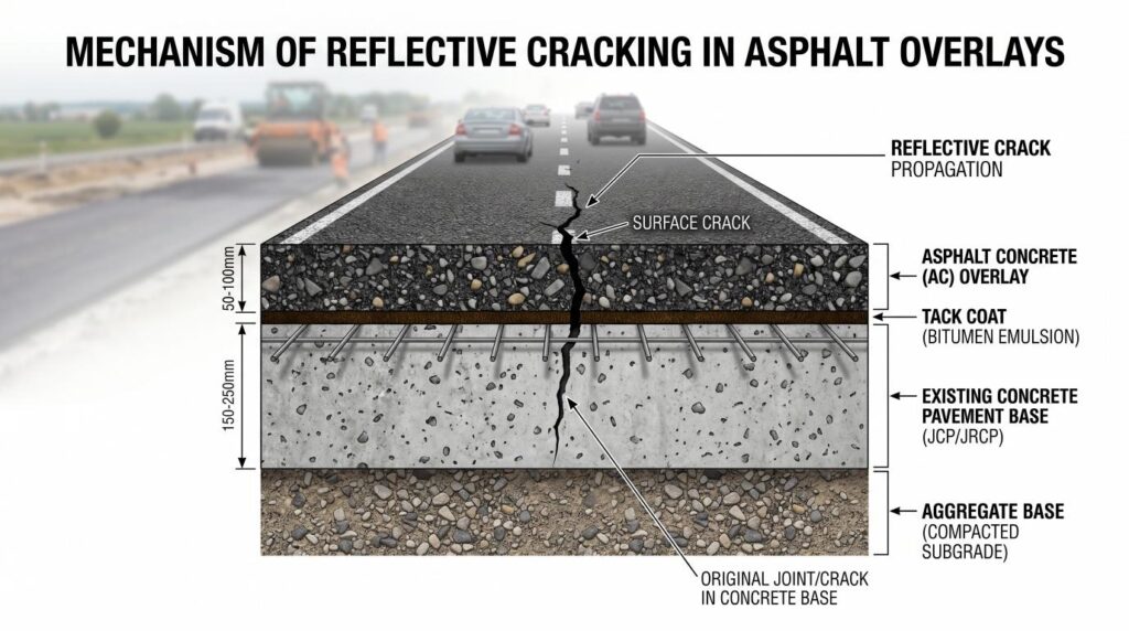 Cross-section showing reflective cracking through asphalt over concrete layers